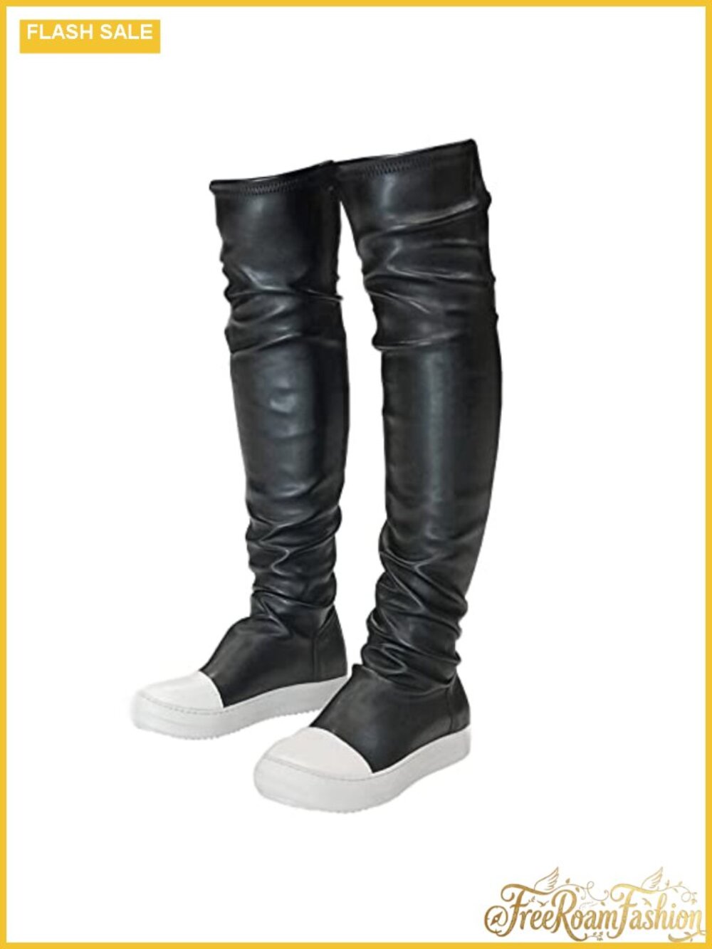 MOFEEDOUKA Thigh High Boots Flat Over The Knee Round Toe PU